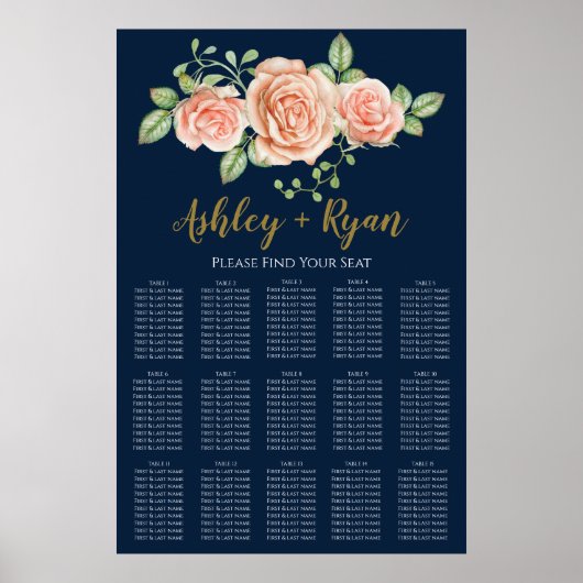 Navy Blue Gold Blush Floral Wedding Seating Charts Poster (Voorkant)