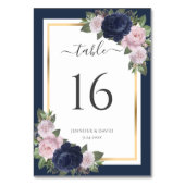 Navy Blue Gold Blush Floral Wedding Table Number Kaart (Voorkant)