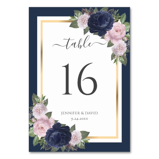 Navy Blue Gold Blush Floral Wedding Table Number Kaart (Voorkant)