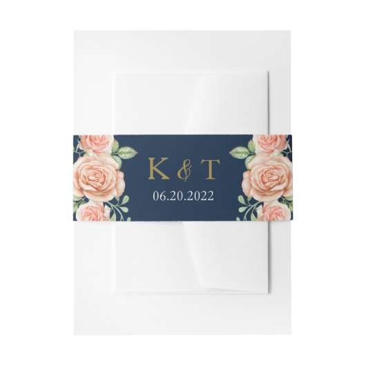 Navy Blue Gold Blush Floral Wedding Uitnodigingen Wikkel (Voorkant Voorbeeld)