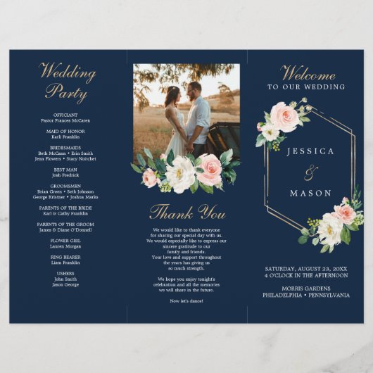 Navy Blue Gold Blush Folded Wedding Program Foto Flyer (Voorkant)