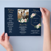 Navy Blue Gold Blush Folded Wedding Program Foto Flyer (Hand)