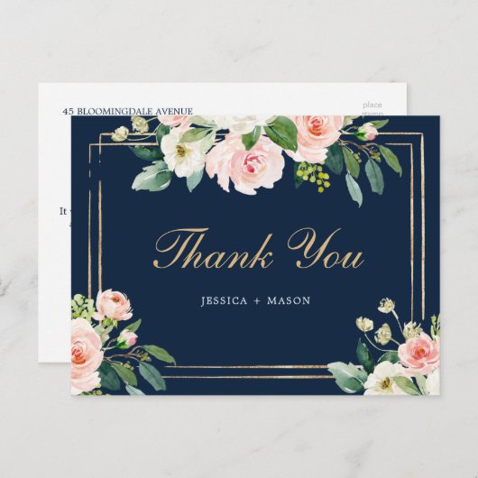 Navy Blue Gold Blush Hartelijk dank Briefkaart (Voorkant / Achterkant)