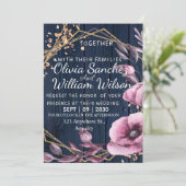 Navy Blue Gold Blush Pink Country Wedding Kaart (Staand voorkant)