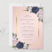 Navy Blue Gold Blush Pink Floral Wedding Kaart (Voorkant)