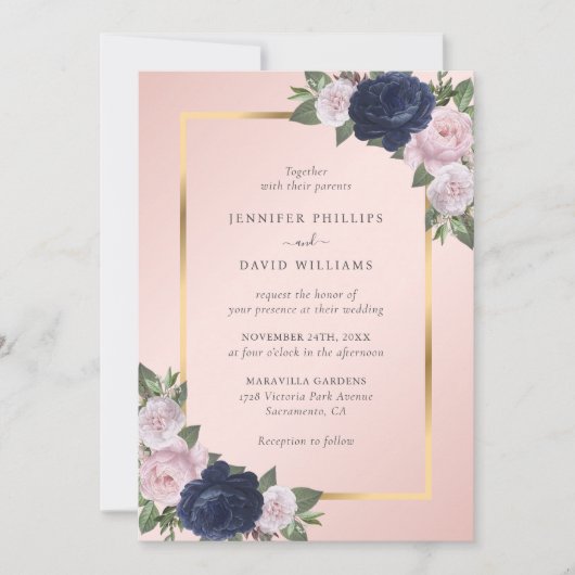 Navy Blue Gold Blush Pink Floral Wedding Kaart (Voorkant)