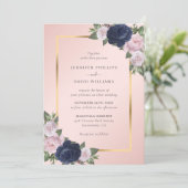 Navy Blue Gold Blush Pink Floral Wedding Kaart (Staand voorkant)