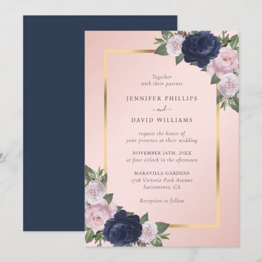 Navy Blue Gold Blush Pink Floral Wedding Kaart (Voorkant / Achterkant)