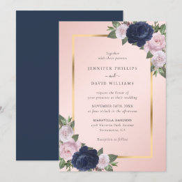 Navy Blue Gold Blush Pink Floral Wedding Kaart