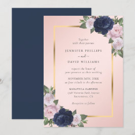 Navy Blue Gold Blush Pink Floral Wedding Kaart