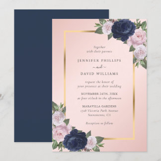 Navy Blue Gold Blush Pink Floral Wedding Kaart
