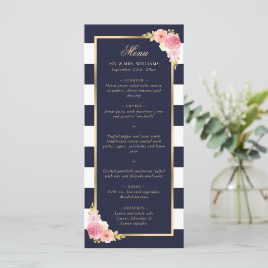 Navy Blue Gold Blush Pink Floral Wedding Menu (Staand voorkant)