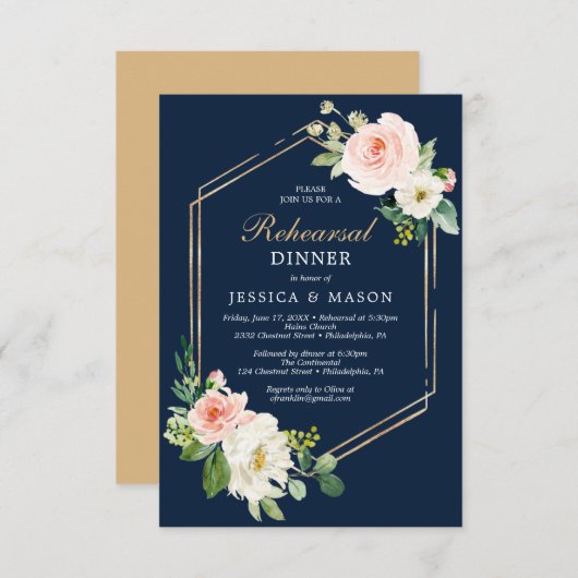 Navy Blue Gold Blush Repetitie Diner Nodig Kaart u (Voorkant / Achterkant)