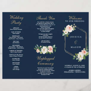 Navy Blue Gold Blush Tri-Fold Wedding Programme Flyer