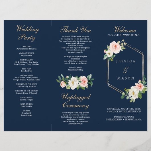Navy Blue Gold Blush Tri-Fold Wedding Programme Flyer (Voorkant)