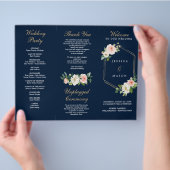 Navy Blue Gold Blush Tri-Fold Wedding Programme Flyer (Hand)