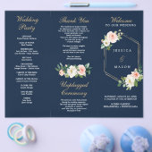 Navy Blue Gold Blush Tri-Fold Wedding Programme Flyer (Enkel)