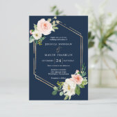 Navy Blue Gold Blush Uitnodiging voor een bruiloft (Staand voorkant)