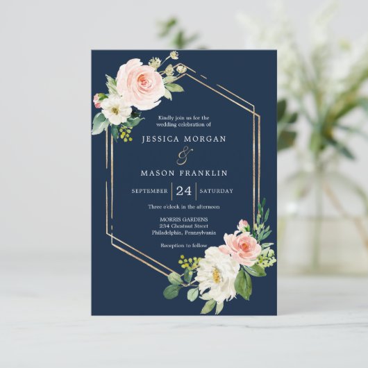 Navy Blue Gold Blush Uitnodiging voor een bruiloft (Staand voorkant)