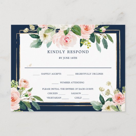 Navy Blue Gold Blush Wedding RSVP Briefkaart (Voorkant)