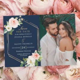 Navy Blue Gold Blush Wedding Save The Date Card Kaart