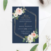 Navy Blue Gold Blush Wedding Save The Date Card Kaart