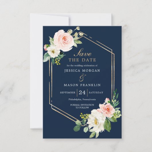 Navy Blue Gold Blush Wedding Save The Date Card Kaart (Voorkant)