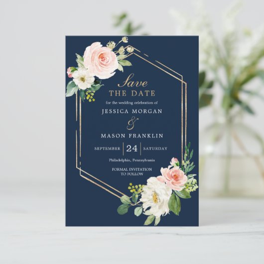 Navy Blue Gold Blush Wedding Save The Date Card Kaart (Staand voorkant)