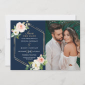 Navy Blue Gold Blush Wedding Save The Date Card Kaart (Voorkant)