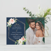Navy Blue Gold Blush Wedding Save The Date Card Kaart (Staand voorkant)