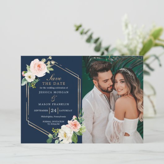 Navy Blue Gold Blush Wedding Save The Date Card Kaart (Staand voorkant)