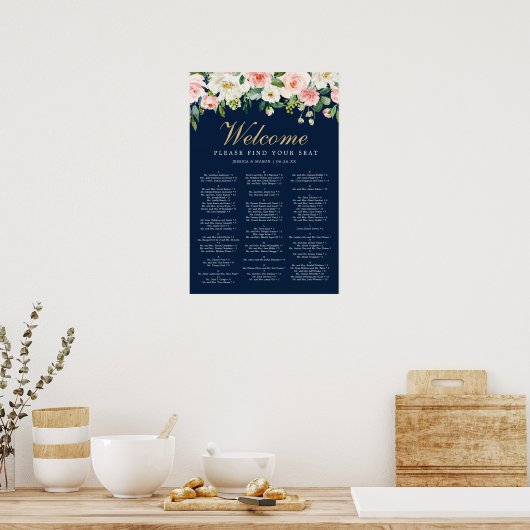 Navy Blue Gold Blush Wedding Seding Chart Sign Poster (Keuken)