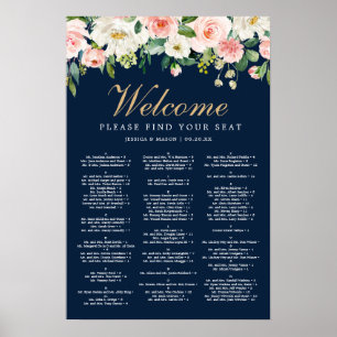 Navy Blue Gold Blush Wedding Seding Chart Sign Poster