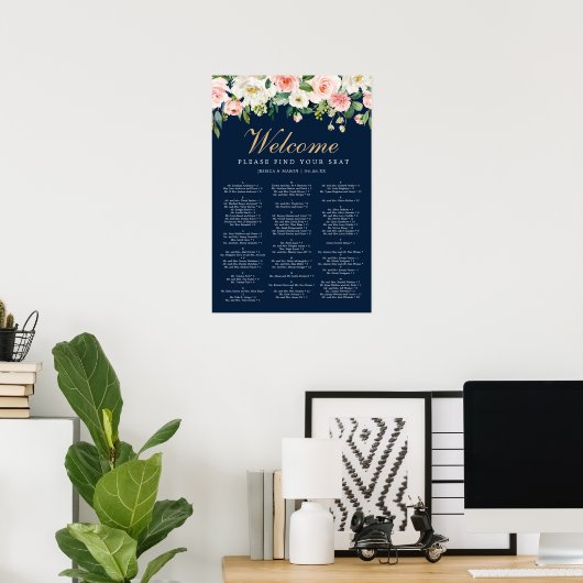 Navy Blue Gold Blush Wedding Seding Chart Sign Poster (Thuiskantoor)