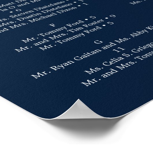 Navy Blue Gold Blush Wedding Seding Chart Sign Poster (Hoek)