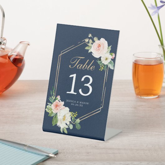 Navy Blue Gold Blush Wedding Table Numbers Reclamebord Met Voetstuk (Insitu)