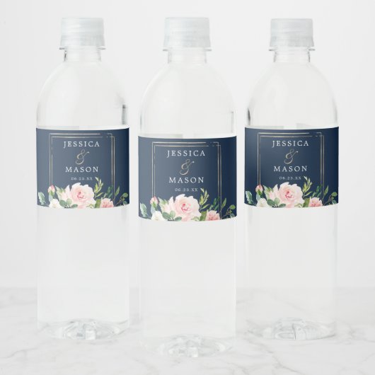 Navy Blue Gold Blush Wedding Water Bottle Labels Waterfles Etiket (Flessen)