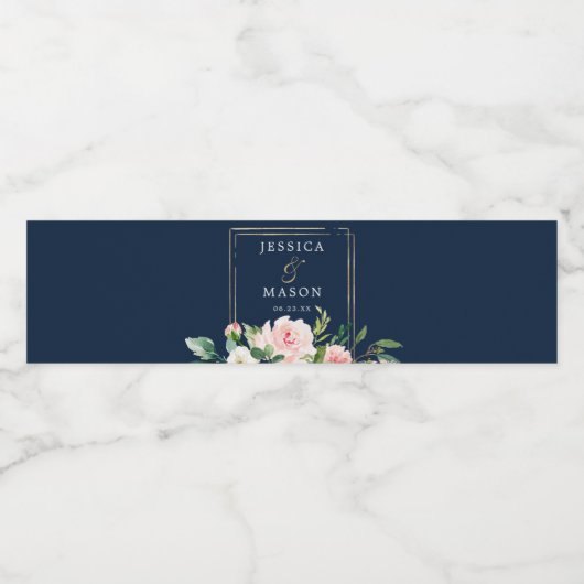 Navy Blue Gold Blush Wedding Water Bottle Labels Waterfles Etiket (Enkel label)