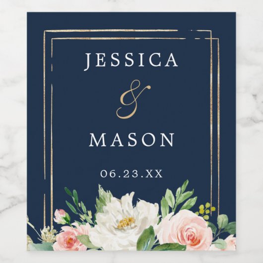 Navy Blue Gold Blush Wedding Wine Bottle Labels Wijn Etiket (Enkel label)