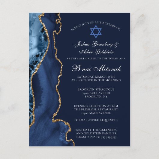 Navy Blue Gold B'nai Mitswa Party Uitnodiging (Voorkant)