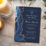 Navy Blue Gold B'nai Mitzvah Elegant Party Kaart<br><div class="desc">Elegante marineblauwe en gouden agaat versiert deze B'nai Mitswa-ceremonie en feestuitnodiging voor een Joods gezin dat viert dat hun kind wordt opgeroepen voor de Thora. De twee namen zijn geschreven in een prachtig formeel script onder de Davidster voor een gezamenlijke viering.</div>
