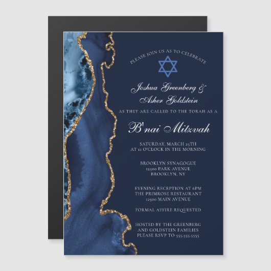 Navy Blue Gold B'nai Mitzvah Elegant Party Magnetische Uitnodiging (Voorkant / Achterkant)