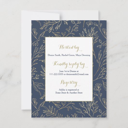 Navy Blue Gold Boho Floral Vrijgezellenfeest Kaart (Achterkant)