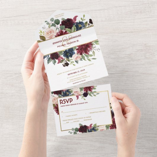 Navy Blue Gold Boho RSVP All in One Wedding Invite Uitnodiging (Afscheurbaar)