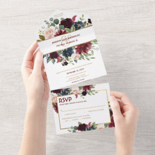 Navy Blue Gold Boho RSVP All in One Wedding Invite Uitnodiging