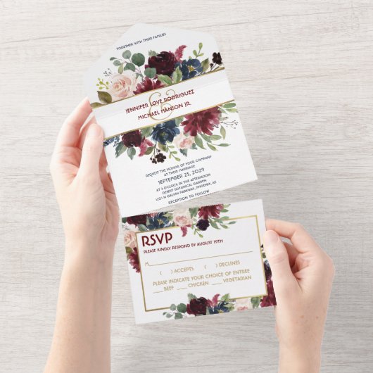 Navy Blue Gold Boho RSVP All in One Wedding Invite Uitnodiging (Afscheurbaar)