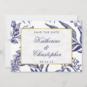Navy Blue Gold Botanical Photo Save the Date (Voorkant)