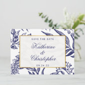 Navy Blue Gold Botanical Photo Save the Date (Staand voorkant)