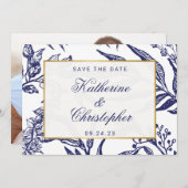 Navy Blue Gold Botanical Photo Save the Date (Voorkant / Achterkant)