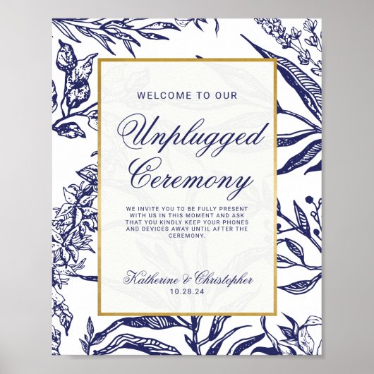 Navy Blue Gold Botanical Unplugged Wedding Poster (Voorkant)